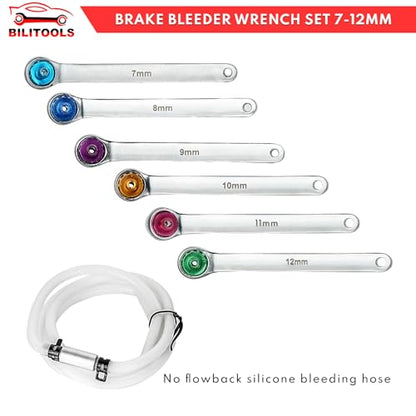 BILITOOLS Brake Bleeder Wrench Set, 7 8 9 10 11 12 MM Brake Bleeding Kit | 7PCS Brake Bleeding Wrench Set with Non-return Check Valve, Silicone Hose and Storage Case