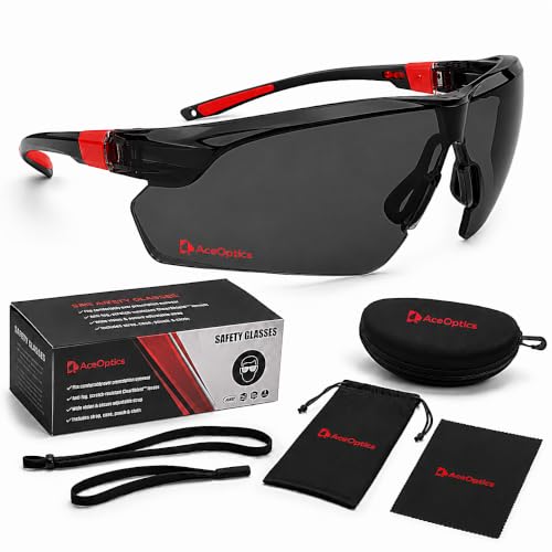 Safety Glasses – ANSI Z87 Certified, 5X Anti-Fog ClearShield™ Lenses with Premium Hard Case & Accessory Bundle - color: Red & Black / Tinted