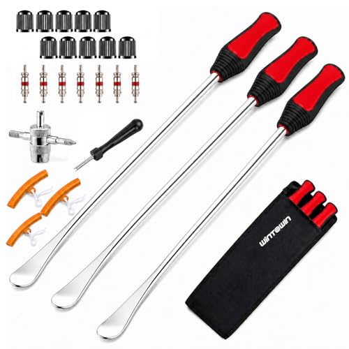 14.5 Inch Heavy Duty Motorcycle Tire Spoons Kit, Dirt Bike Tire Spoon Levers Set for ATV and Lawn Mower, Tire Changing Tools with Rim Protectors, Valve Core Tool, Valve Caps and Cores, Red - color: RED
