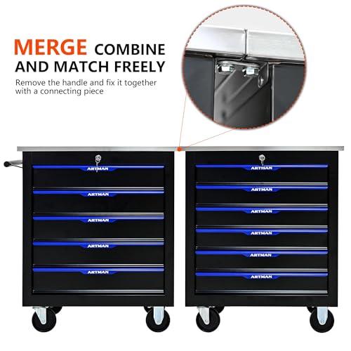 6 Drawer Heavy Duty Rolling Tool Chest, Mobile Metal Lockable Tool Cart with Stainless Steel Worktop, Garage Tool Storage Cabinet for Workshop Auto Repair, Black & Blue, 30.7" H × 25.9" W - size: 6 Drawers
