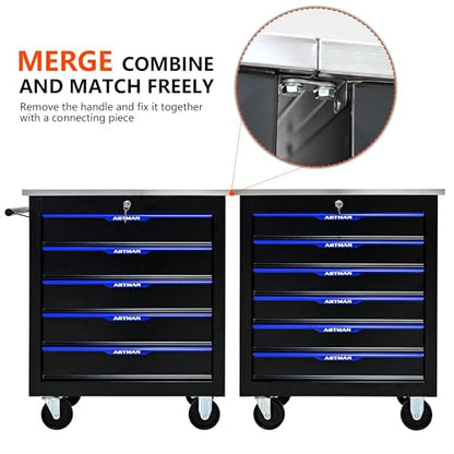 6 Drawer Heavy Duty Rolling Tool Chest, Mobile Metal Lockable Tool Cart with Stainless Steel Worktop, Garage Tool Storage Cabinet for Workshop Auto Repair, Black & Blue, 30.7" H × 25.9" W - size: 6 Drawers