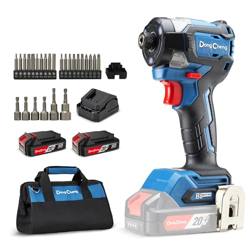Dong Cheng 20V 4.2" Compact Impact Driver, 1840in-lbs Torque, with 2 x 2.0Ah Batteries, 1/4" Hex Chuck, 3200RPM, 4300IPM, Brushless Impact Driver for Cabinetry, Deck Building & HVAC Installation - style: 1840in-lbs, 2x Battery, Upgrade