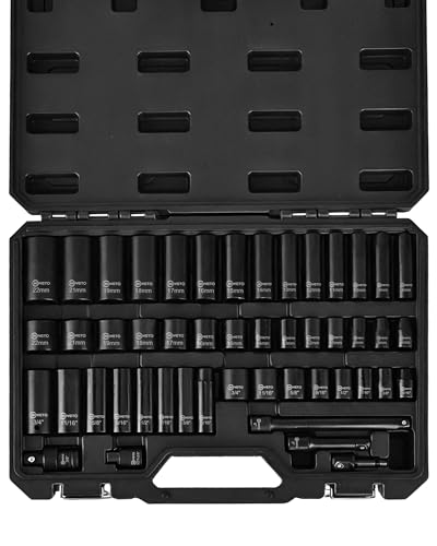 3/8" Drive Impact Socket Set,49 Piece Socket Set, SAE (5/16" to 3/4") and Metric (8–22 mm) Sizes with Deep & Shallow, 6 Point, Cr-V, Extension Bars, Universal Joint, Adapters - style: SS-D38-49PC
