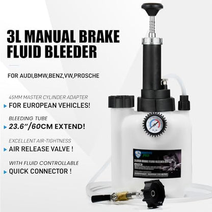 SMOTIVEPRO Manual Brake Bleeder Kit, 3L One Man Brake Bleeding Kit | 45mm Adapter for Most European Brake Master Cylinder Reservoirs, Professional Brake Fluid Bleeding - size: 45mm Adapter for BMW/Audi/VW/Mercedes