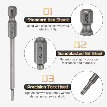 HARFINGTON 5pcs T8 Torx Head Screwdriver Bit 1/4" Hex Shank 3.15" (80mm) Long Magnetic No Hole Tip Tamper Proof 6 Point Star Screw Driver Drill Bits S2 Steel Industrial Power Screwdrivers - size: T8 x 3.15"(80mm)