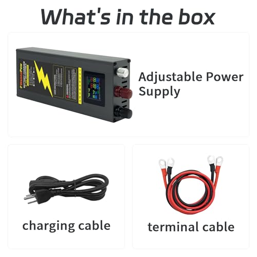 50A 12V Lithium Battery Charger, 0-15V 0-50A Adjustable LiFePO4 Battery Charger with 10 AWG Cables, Smart 12 Volt Battery Charger with LCD Display for LiFePO4, Li-ion, Lipo & Lead-Acid