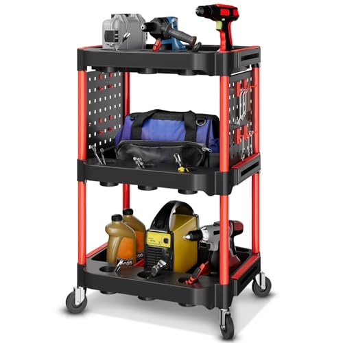 Auto Dynasty 3-Tier Rolling Cart w/Cup Holders & Pegboard, 120kg Capacity | 120 Kg/260 Lbs Capacity, 3-Tier Storage w/ 9 Cup Holders & 2 Pegboards, Rolling Wheels, for Home/Garage/Warehouse/Workshop - style: with Pegboard & Cup Holders