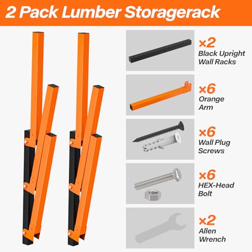 TVKB 2 Pack Heavy Duty Lumber Storage Rack, Wall Mount Wood Rack with 3-Level, Garage Wood Storage Shelves for Lumber, Plywood & Long Tools, Orange, Indoor/Outdoor