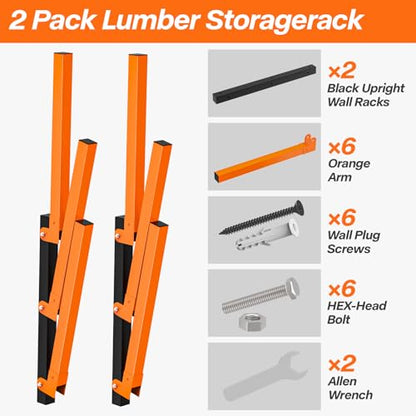 TVKB 2 Pack Heavy Duty Lumber Storage Rack, Wall Mount Wood Rack with 3-Level, Garage Wood Storage Shelves for Lumber, Plywood & Long Tools, Orange, Indoor/Outdoor