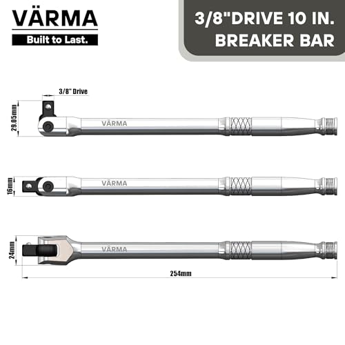 3/8" Drive 10-Inch Breaker Bar - 15mm Thick Rigid Shaft & Heavy Duty CR-MO Head - Best Compact Tool for Motorcycle Axle Nut & Tight Engine Bays - 180° Flex, Emergency Roadside Tool - size: 3/8" Drive x 10"