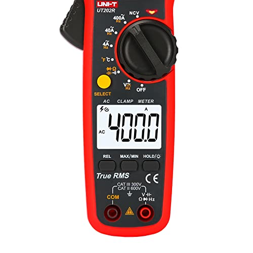 UNI-T Digital Clamp Meter UT202R AC Current TRMS Volt Amp Ohm Meter HVAC Clamp On Multimeter, Auto Ranging 4000Counts Temperature AC DC Voltage Frequency Resistance Capacitance Continuity Diode Tester - size: UT202R