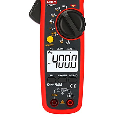 UNI-T Digital Clamp Meter UT202R AC Current TRMS Volt Amp Ohm Meter HVAC Clamp On Multimeter, Auto Ranging 4000Counts Temperature AC DC Voltage Frequency Resistance Capacitance Continuity Diode Tester - size: UT202R