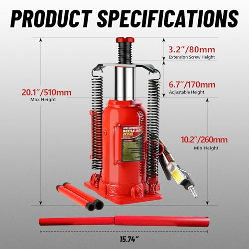 20 Ton Air Hydraulic Bottle Jack with Air-Powered or Manual Operation, One-Piece Hydraulic Cylinder Design, Air Bottle Jack with Carry Handle for Pickup Trucks, Commercial Vehicles, and Farm Equipment - color: Red