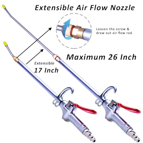 High Volume Powerful Industrial Air Blow Gun, 17-26 Inch Extensible Stainless Steel Air Flow Nozzle, Pneumatic Air Compressor Accessories Tool, Extended Dust Air Blower Gun with 360 Degree Swivel Hook