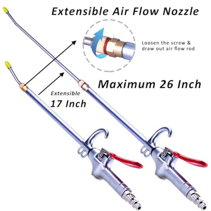 High Volume Powerful Industrial Air Blow Gun, 17-26 Inch Extensible Stainless Steel Air Flow Nozzle, Pneumatic Air Compressor Accessories Tool, Extended Dust Air Blower Gun with 360 Degree Swivel Hook