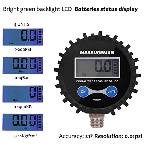 MEASUREMAN 2-1/2" Dial Size Digital Air Pressure Gauge with 1/4'' NPT Bottom Connector and Protective Boot, 0-200psi, Accuracy 1%, Battery Powered with LED Light - size: Short thread, style: 0-200psi