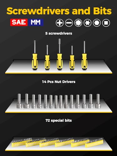 AZUNO 203-Piece Mechanics Tool Set, SAE & Metric Socket Set with 67 Sockets, 3 Ratchets, Combination Wrenches, Screwdrivers & Bits, Portable Tool Kit for Auto Repair and Home Maintenance