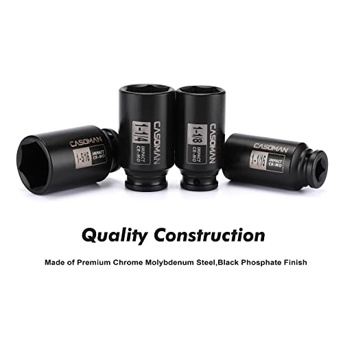 CASOMAN 1/2-Inch Drive Deep Spindle Axle Nut Impact Socket Set, 6 Point, CR-MO, SAE, 1" to 1-1/2", 8-Piece 1/2" Dr. Deep Impact Socket Set - size: 1/2" Dr. 8pcs (1" - 1-1/2")