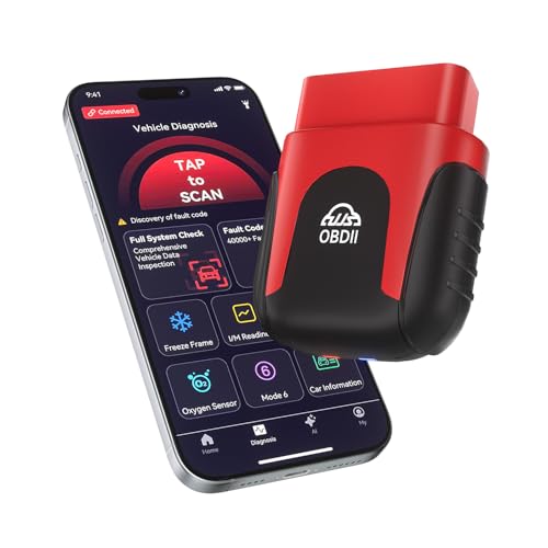 Rocco OBD2 Scanner Bluetooth for iOS Android, AI Diagnostic Tool for Car Buying Repair, No Subscription Fee, AutoVIN, 45000+ Fault Codes, Check & Clear Engine Codes, Real-Time Data, Vehicles 1996+ - color: Red
