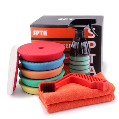 SPTA 10 Pcs Detailing Set, 5Pc 6 inch Buffing Polishing Pads, 1 Microfiber Finish Pad, 1-16 oz Polishing Cleaner, 1 Conditioning Brush, 2-16"*16" Microfiber Towel. for Dual Action and Rotary Polishers - size: 6inch (150mm)