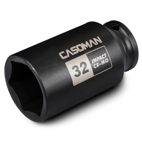 CASOMAN 1/2" Drive x 32 mm Deep 6 PT Impact Socket, CR-MO, 1/2-inch Drive 6 Point Axle Nut Socket for Easy Removal of Axle Shaft Nuts (32MM) - size: 32 mm (Deep), style: 6-Point Socket