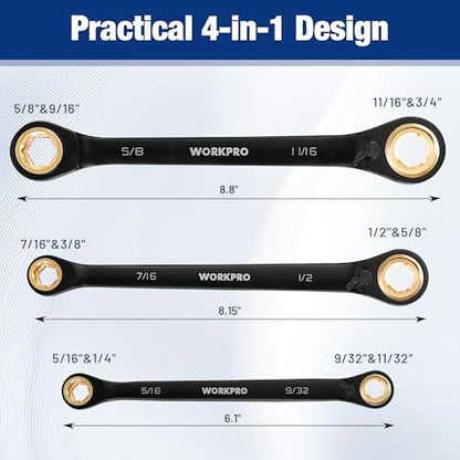 WORKPRO 3-Piece 4-in-1 Reversible Ratcheting Wrench Set, 12 Sizes in 3 Wrenches (1/4"-3/4"), SAE, Anti-Slip, Double Box End, 72-Tooth, CR-V, 6-Point, with Storage Bag - for Repair & Maintenance - style: SAE