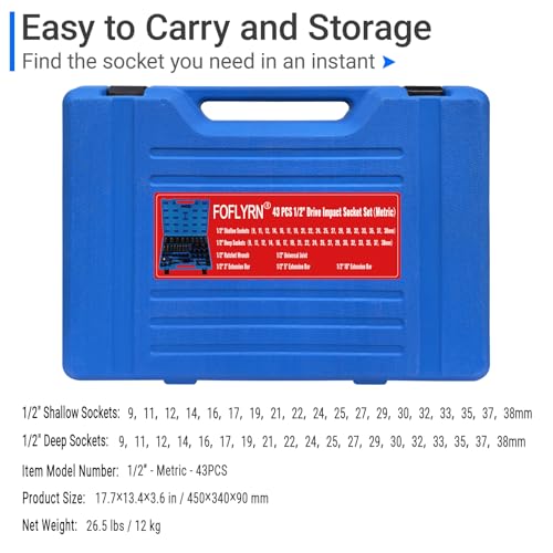 1/2" Drive Impact Socket Set,6-Point Metric Socket Set (9-38mm),43PCS Cr-Mo Material High Durability Deep Socket Set with Ratchet Wrench,Universal Joint，Extension Bar and Storage Case. - style: 1/2" 43PCS Metric Cr-Mo