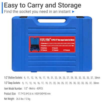 1/2" Drive Impact Socket Set,6-Point Metric Socket Set (9-38mm),43PCS Cr-Mo Material High Durability Deep Socket Set with Ratchet Wrench,Universal Joint，Extension Bar and Storage Case. - style: 1/2" 43PCS Metric Cr-Mo