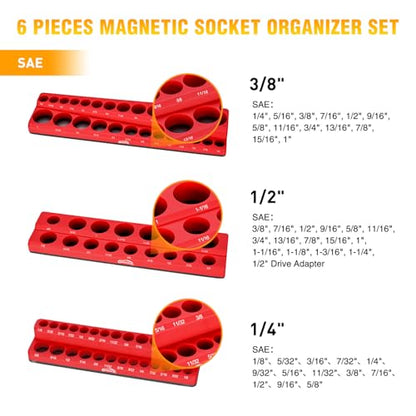 GOOACC Magnetic Socket Organizer Set, 6 Pieces Magnetic Socket Holder 1/2", 1/4", 3/8" Drive Metric & SAE Socket Tool Set, Socket Organizer Tray for Tool Box Drawer Holds 143 Standard Sockets - size: 6PCS SAE & Metric Red Black