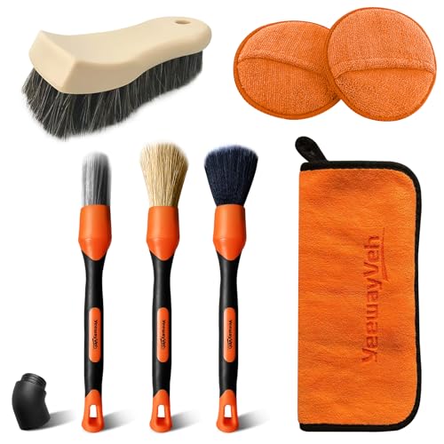 YeewayVeh 7PCS Car Interior Detailing Kit, Horse Hair Car Leather Brush, Applicator Pads and Microfiber Cloth for Car Interior & Seats Leather, Interior Car Cleaning Kit, Orange - color: Orange/Brown, size: 7 Pieces