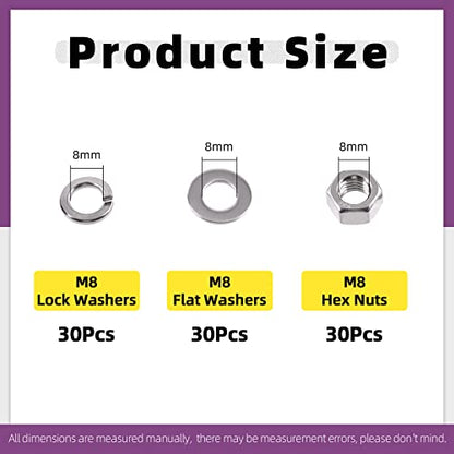 Swpeet 90Pcs Metric 304 Stainless Steel M8 Hex Nuts and M8 Flat Washers with Split Lock Washers Assortment Kit, Coarse Thread Hexagon Nut for Home Automotive Shop Use - size: M8 Hex Nuts & Washers