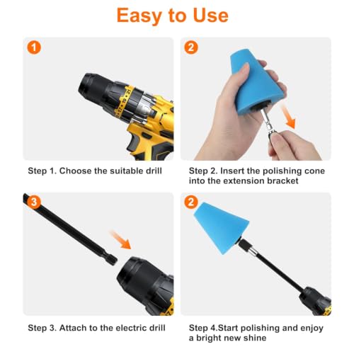 Linkstyle Car Wheel Drill Polishing Pads Kit, 5PCS Foam Buffing Cone, 3PCS Drill Brush Cleaning Attachments, 1/4" Hex Extension Holder, for Car Rims, Exhaust Tips, Metal, Motorcycle