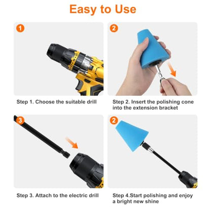 Linkstyle Car Wheel Drill Polishing Pads Kit, 5PCS Foam Buffing Cone, 3PCS Drill Brush Cleaning Attachments, 1/4" Hex Extension Holder, for Car Rims, Exhaust Tips, Metal, Motorcycle