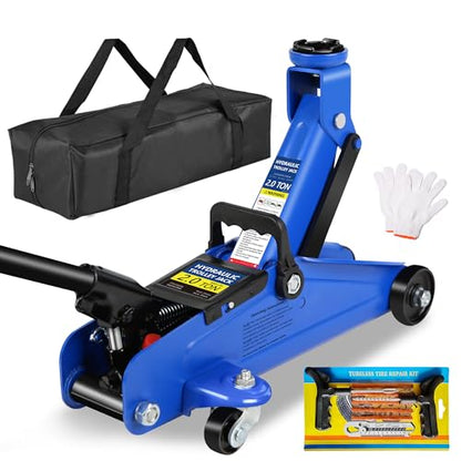 Steel Floor Jack Quick Rise Piston Pump Low Profile, Car Jack Truck Jack, Service Jack, Farm Jack, 2 Ton (4,000 lbs.) - color: 2Ton with Tire repair kit Blue