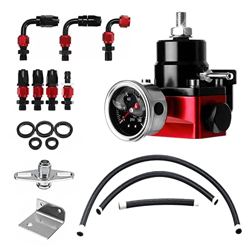 EFI Fuel Pressure Regulator Kit with Bypass Return 0-100psi Pressure Gauge 6AN Fuel Line Adjustable Universal(Black & Red)