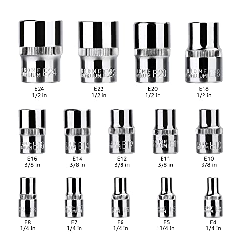 Amazon Basics 14-Piece External Torx Socket Set, E4-E24, 1/4", 3/8", 1/2" Drive, with Storage Case, for Auto Repair