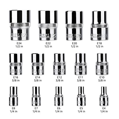 Amazon Basics 14-Piece External Torx Socket Set, E4-E24, 1/4", 3/8", 1/2" Drive, with Storage Case, for Auto Repair