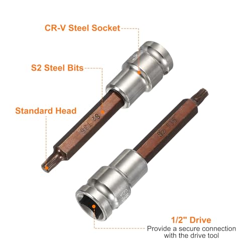 HARFINGTON 2Pcs Torx Bit Socket 1/2" Drive T35 S2 Steel 6 Point Head Long Screwdriver Drill Bits CR-V Steel Socket Adapter for Home Auto Axle Hex Nuts Bolts Repair - size: T35