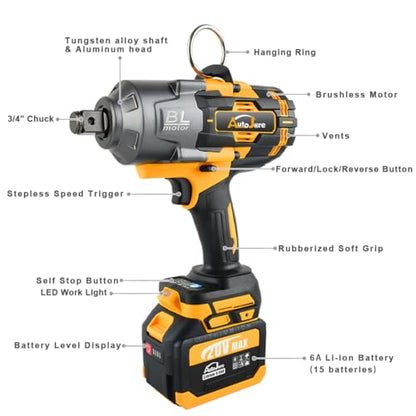 3/4 inch Cordless Impact Wrench 1475 Ft-lbs Heavy-duty Wrench | 2000 N.m Brushless High Torque, with 2pcs 6.0A Battery, Carrying Case, Fast Charger and 3pcs Sockets, Yellow
