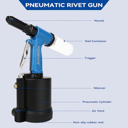 Heavy Duty Pneumatic Rivet Gun with 3/32", 1/8", 5/32", 3/16" Rivet Heads | 3500 lbf Rivet Gun Set for Automotive, Construction, Manufacturing Industries - color: Blue, size: 4 Nozzles