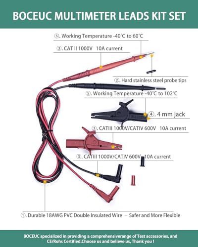 Multimeter Leads Kit with Heavy Duty Alligator Clips and Ultra-Sharp Test Probe Tips, CATIII 1000V/CATIV 600V, 10A Rated, for Electronics, Automotive, and Industrial Use