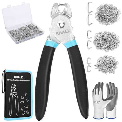 SHALL Hog Ring Pliers Kit with 600pcs Galvanized Hog Rings (3/8’’, 1/2’’, 3/4’’) for Upholstery, Fence, Animal Pet Cages, Bungee Cords, Bagging, Protective Gloves, Storage Case & Bag Included - style: Straight Head