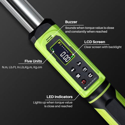 Digital Torque Wrench 1/2" Drive-2.2-147.5Ft.Lb for Car Motorcycle | Electronic Torque Wrench(3-200N.m),Vibration Buzzer LED Indicator,±2% Accuracy 5 Units for Bike Auto Truck Repair DIY - size: 1/2" 2.2-147.5Ft.Lb