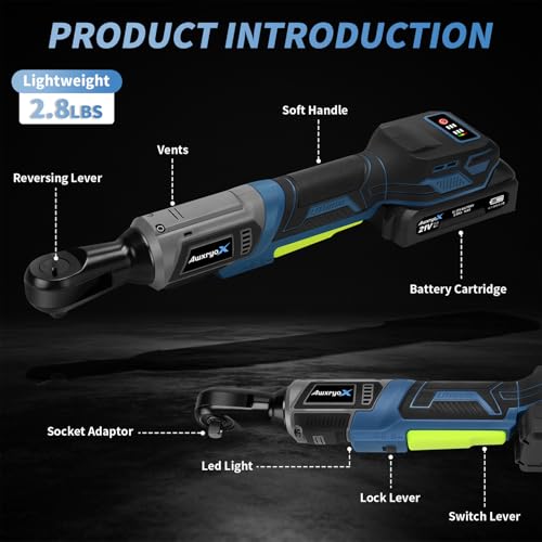 AwxryoX 3/8" Cordless Ratchet Wrench, 120N.m (89 FT-LBS) 21V Brushless Power Ratchet Driver, Electric Ratchet Tool, 2×2.0Ah Batteries, 300RPM Variable Speed, 8 Sockets, 1/4" Adapter & 3" Extension Bar