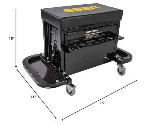 JEGS 3-Drawer Mechanics Roller Seat Tool Box | Black With JEGS Logo | Two Folding Tool Trays With Magnetic Pads | Vinyl Padded Seat Cushion | Rear Tray For Screwdrivers And Pliers | Load Limit 350 LBS