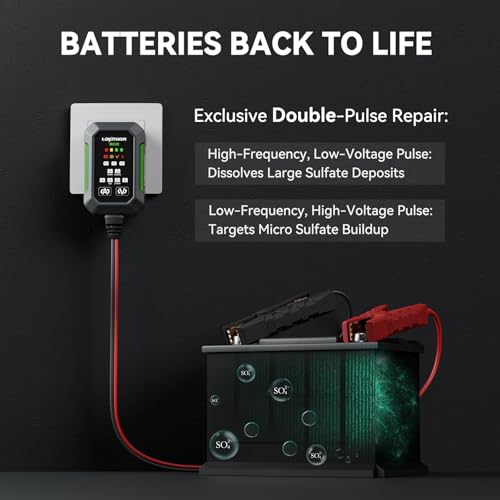 LOKITHOR BC2 Car Battery Charger 2A/1A/750mA Adjustable Currents, 6V/12V Automatic Battery Maintainer, Trickle Charger & Desulfator with Overcharge Protection, Double Pulse Repair, Forced Charging