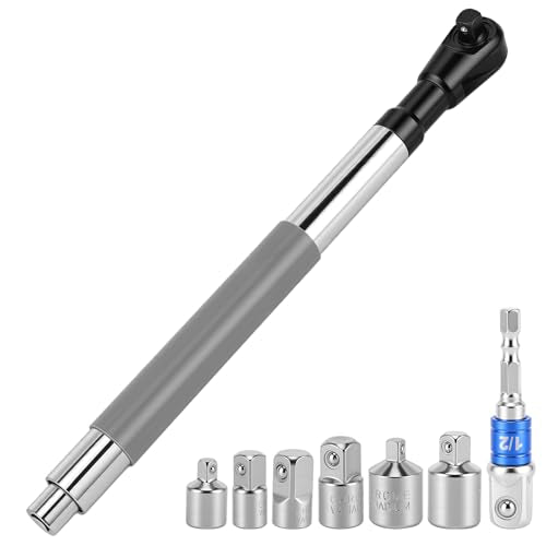 1/2 Inch Offset Extension Wrench Impact Strong Torsion Output Steel Wrench Extender with 6 Sockets & 1 Adapter Rod for Tight & Narrow Spaces (Gray1) - color: Gray1
