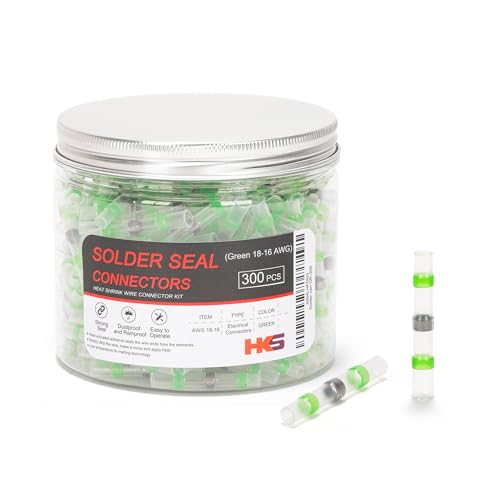 HKS 300PCS Solder Seal Wire Connectors – 18-16 AWG Green Heat Shrink Butt Terminals – Waterproof Electrical Wire Splice for Automotive, Marine, and DIY Wiring - color: GREEN 18-16 AWG, size: 300PCS
