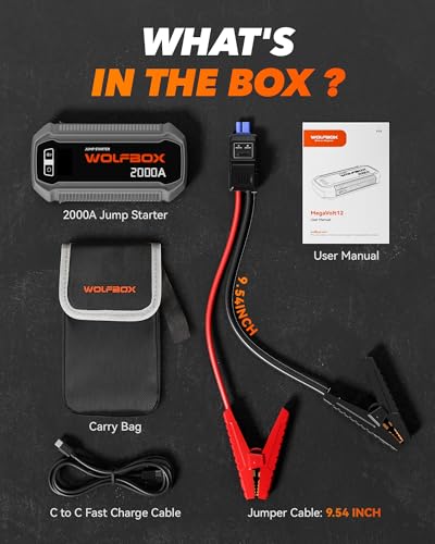 WOLFBOX 2000A Jump Starter, 44.4Wh Battery Jumper Starter Portable with LED Display, 12V Car Battery Jump Starter Pack (7L Gas 6L Diesel Engine) with Booster, LED Light, Jumper Cables (NO Adapter) - size: 2000A
