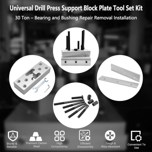 ZKTOOL Universal Drill Press Support Block Plate Tool Set Kit, 30 Ton Hydraulic Shop Press Plates – Bearing and Bushing Repair Removal Installation, Includes Open-End Wrench, Hex Wrench, and Gloves.